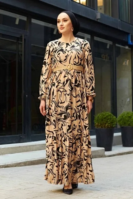 Straw Belt Wave Pattern Abaya Dress