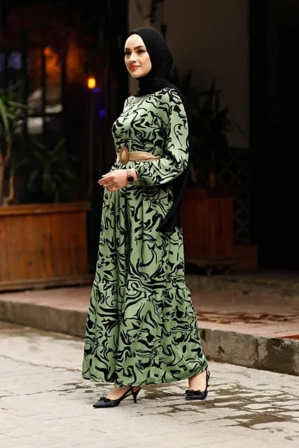 Straw Belt Wave Pattern Abaya Dress