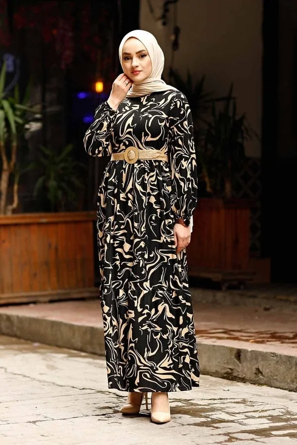 Straw Belt Wave Pattern Abaya Dress