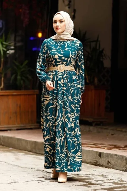 Straw Belt Wave Pattern Abaya Dress