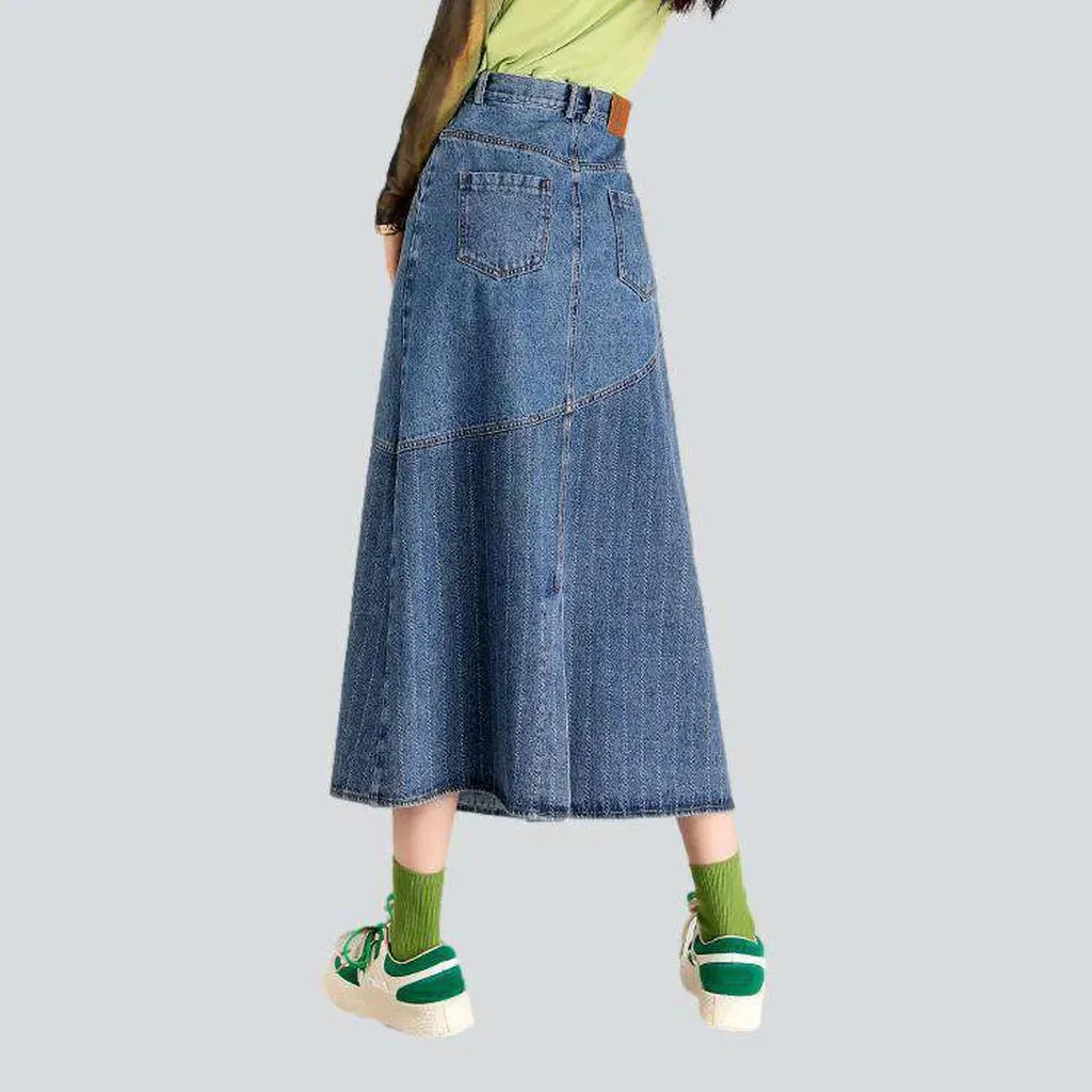 Striped patchwork long denim skirt