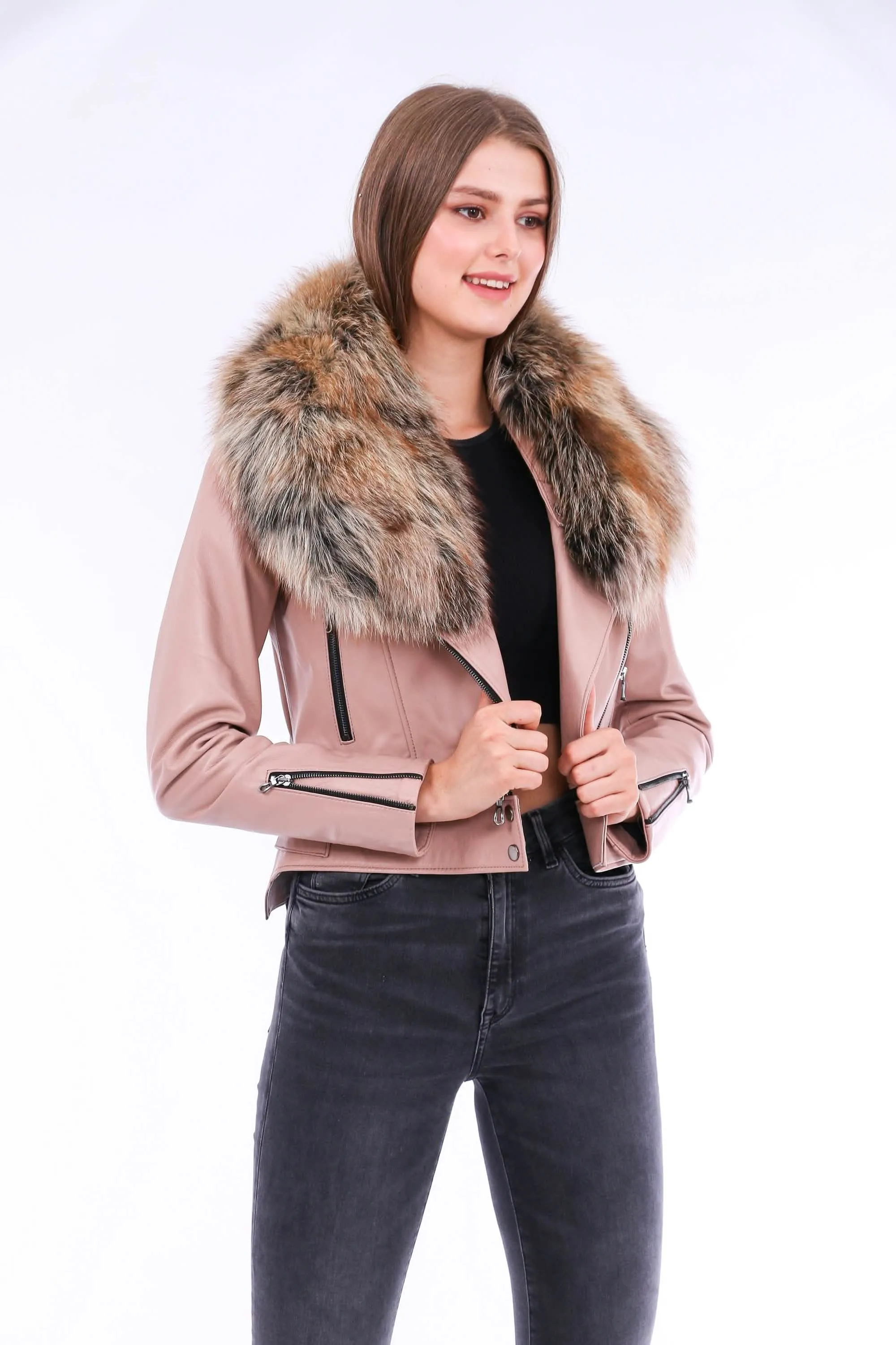 Stylish Pink Sheepskin Biker Jacket with Adjustable Waistline