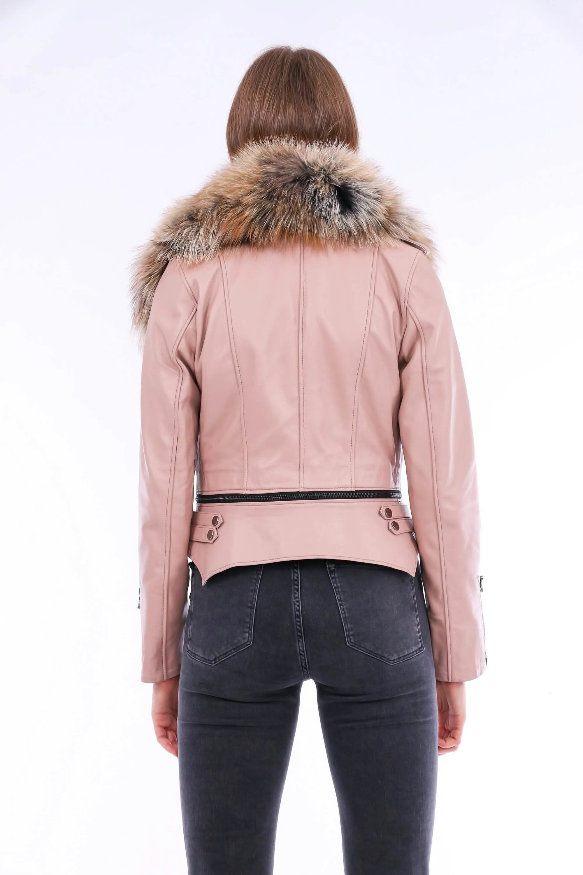 Stylish Pink Sheepskin Biker Jacket with Adjustable Waistline