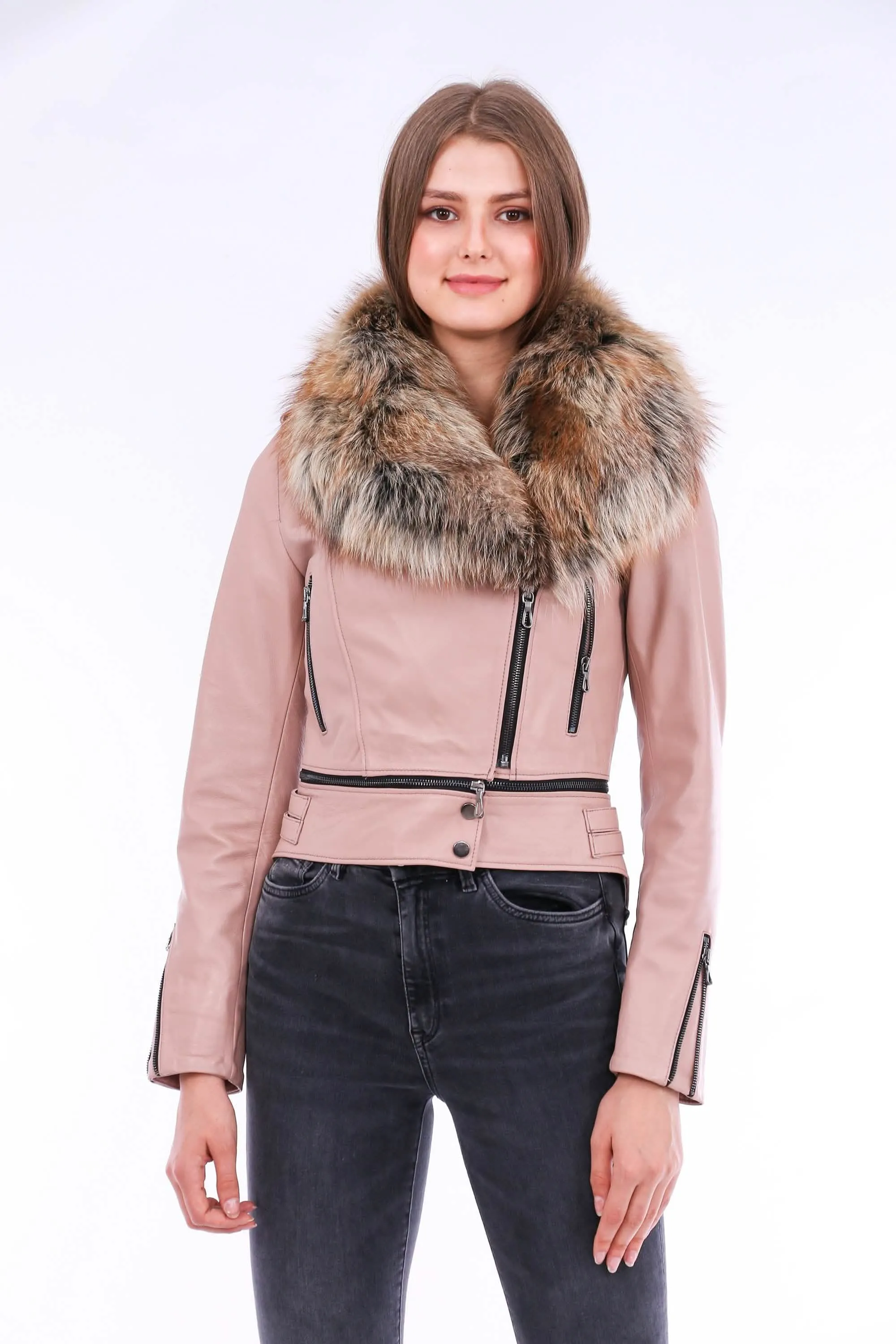 Stylish Pink Sheepskin Biker Jacket with Adjustable Waistline