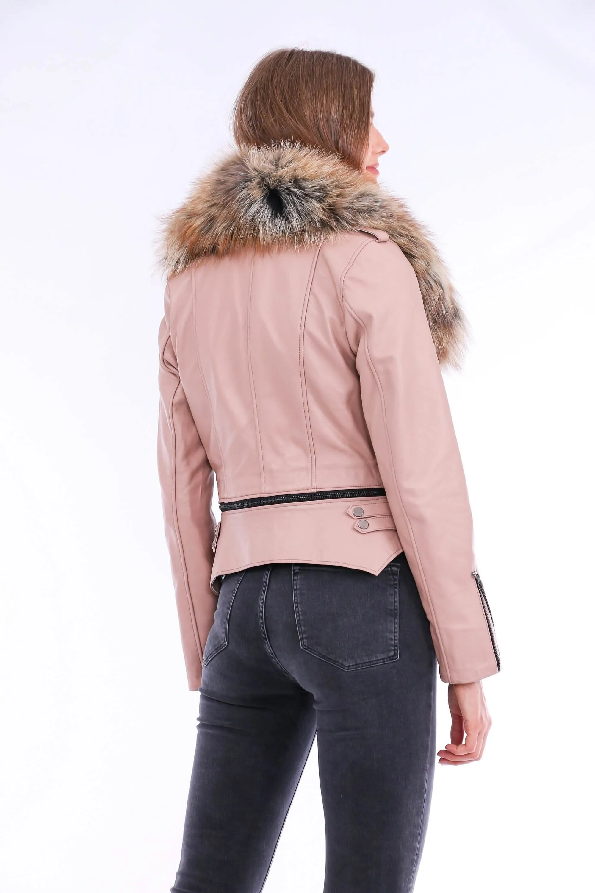 Stylish Pink Sheepskin Biker Jacket with Adjustable Waistline