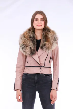 Stylish Pink Sheepskin Biker Jacket with Adjustable Waistline