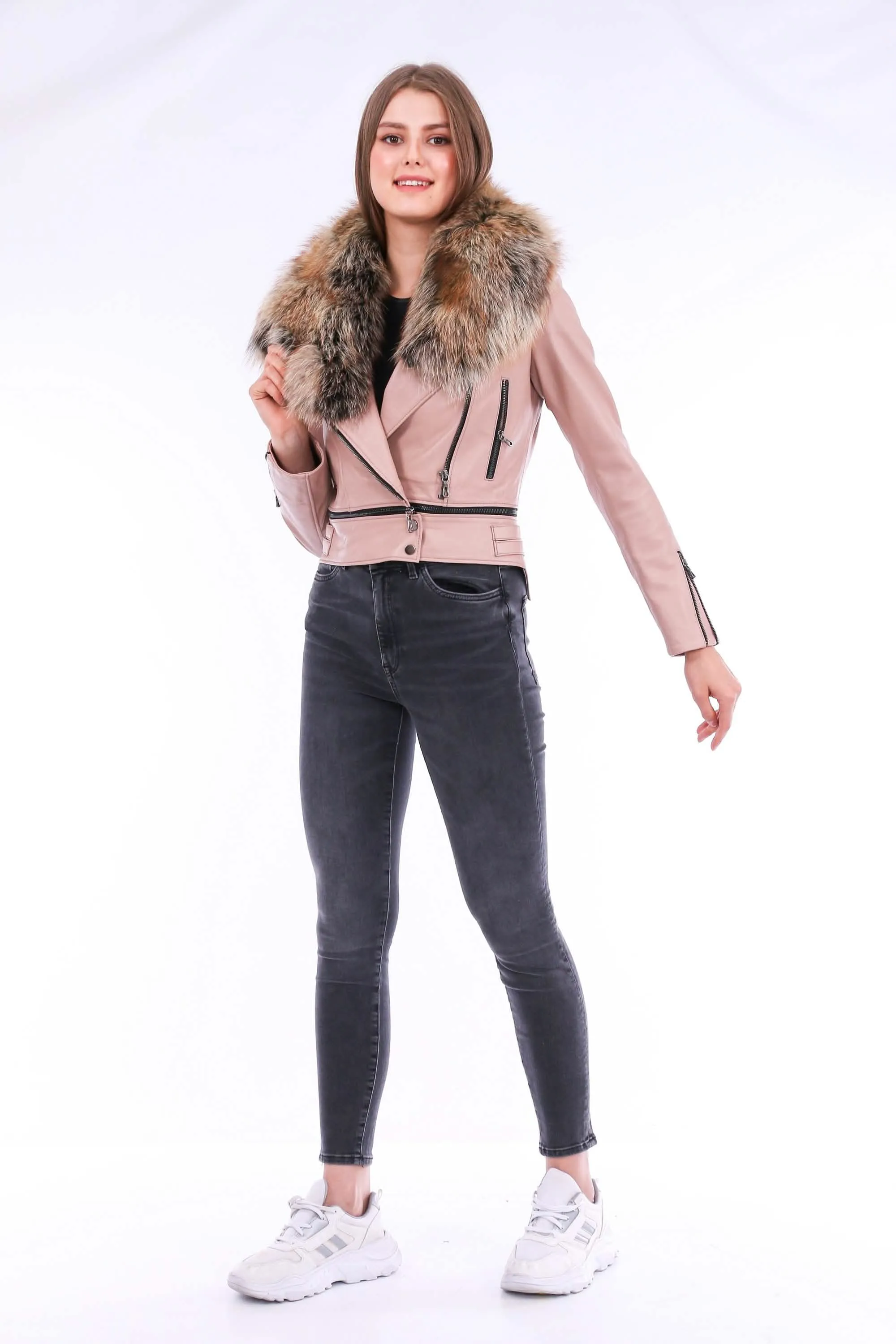 Stylish Pink Sheepskin Biker Jacket with Adjustable Waistline