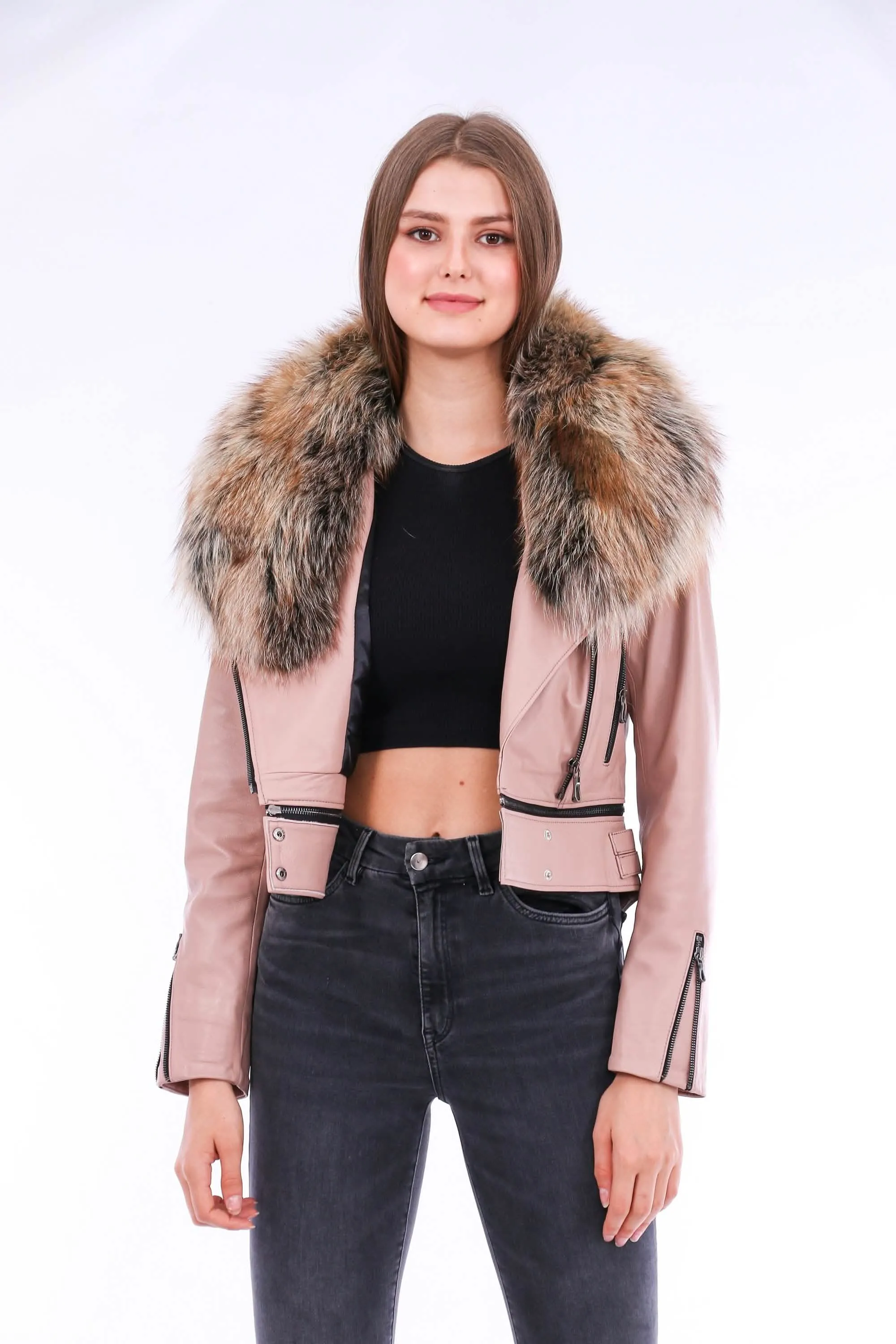 Stylish Pink Sheepskin Biker Jacket with Adjustable Waistline