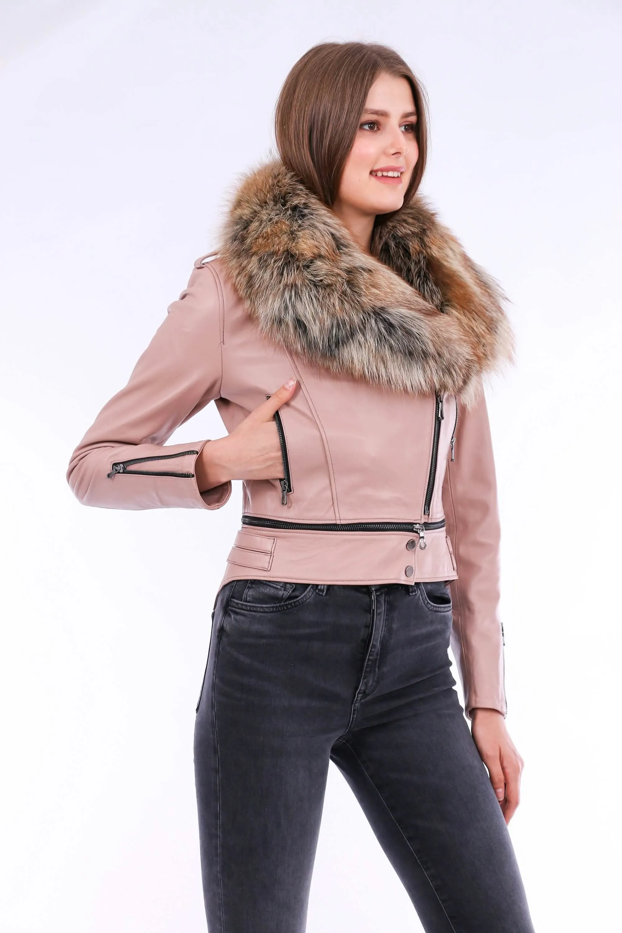 Stylish Pink Sheepskin Biker Jacket with Adjustable Waistline