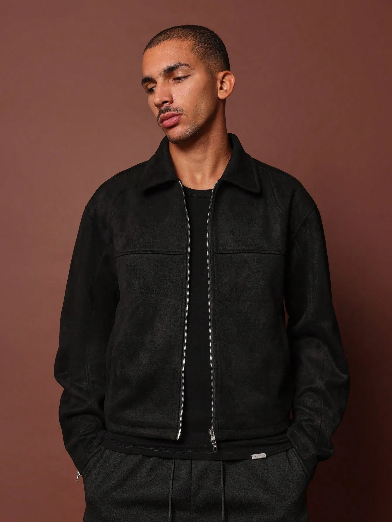 Suedette Cropped Zip-Up Harrington Jacket