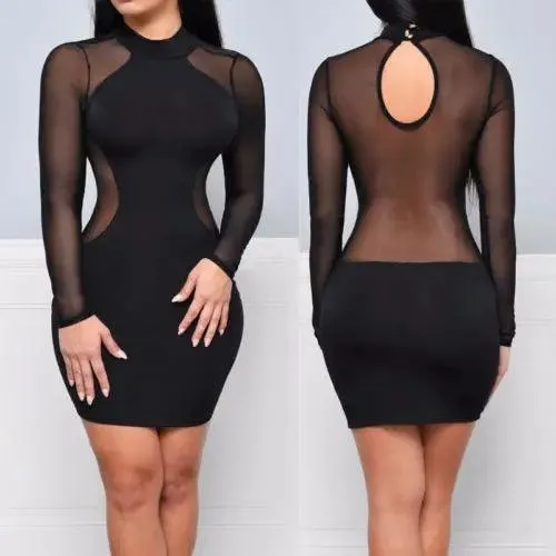 Sultry Sheath: Sexy Transparent Sleeve Cocktail Dress: Seductive Clubwear