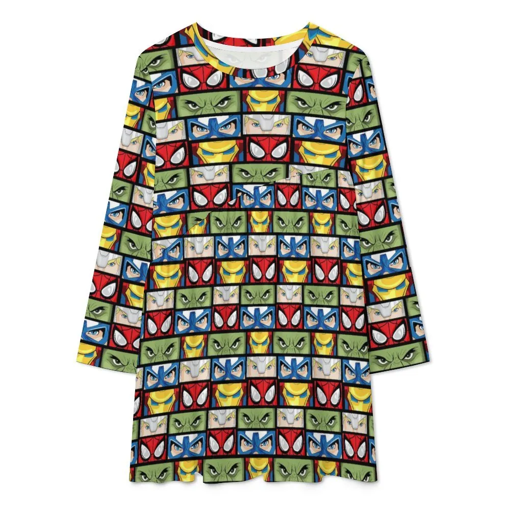 Super Heroes Eyes Long Sleeve Patchwork T-shirt Dress