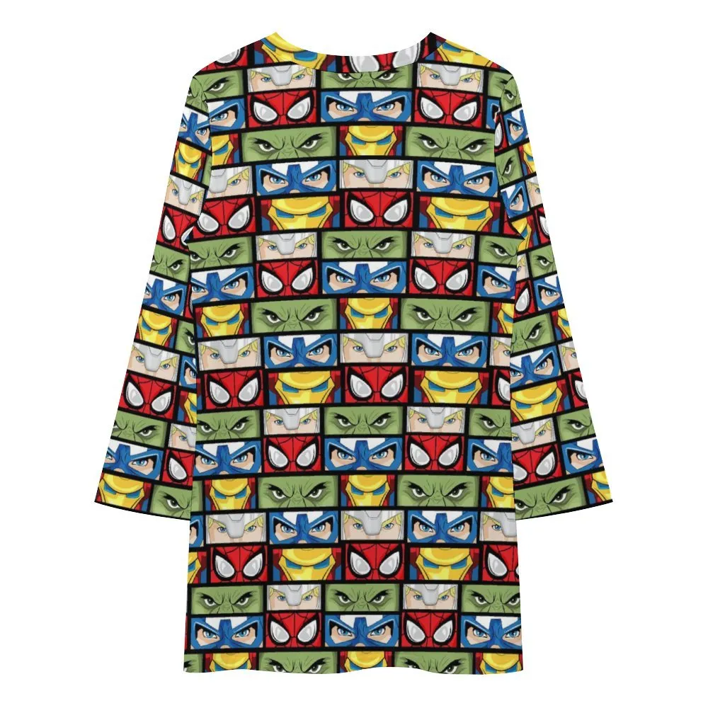 Super Heroes Eyes Long Sleeve Patchwork T-shirt Dress