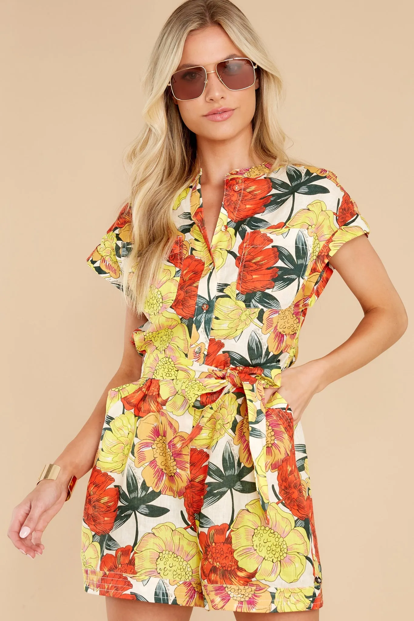 Tanning In The Tropics Yellow Multi Floral Print Romper