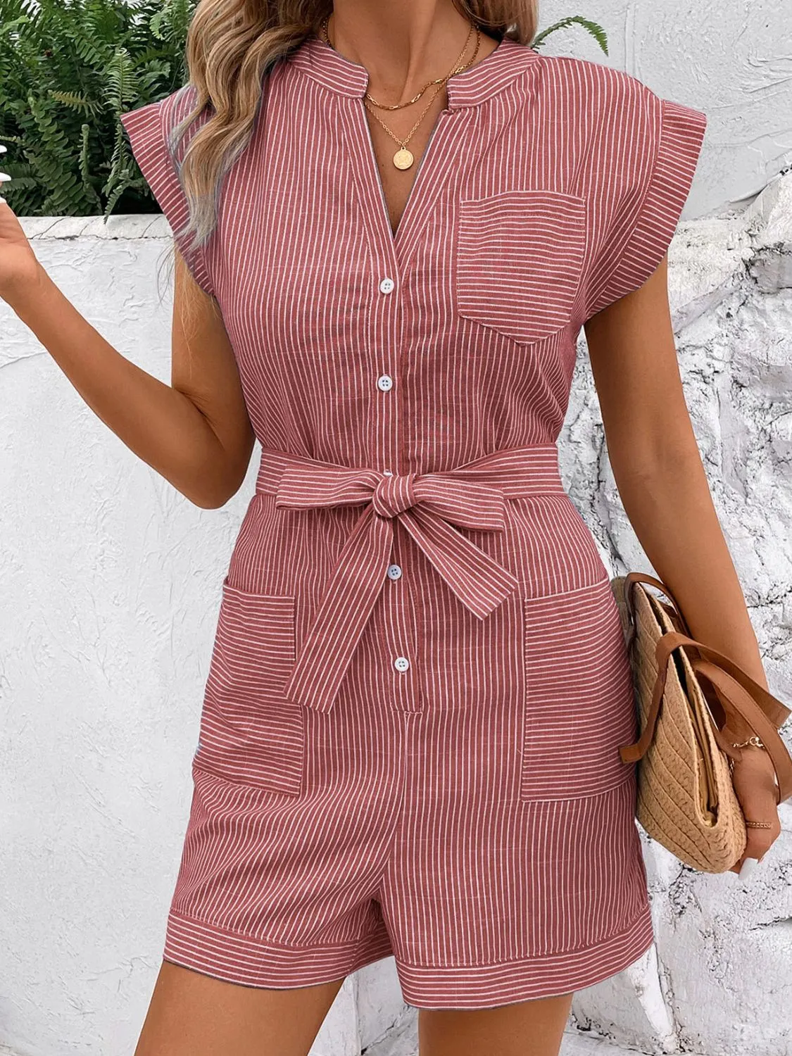 TEEK - Striped Buttoned Tie Waist Romper