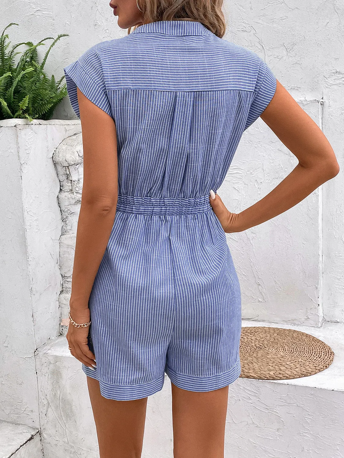 TEEK - Striped Buttoned Tie Waist Romper