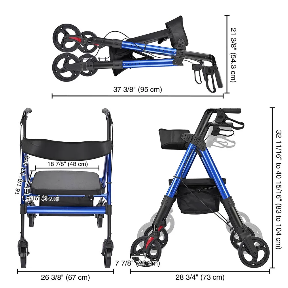 TheLAShop Rollator Aluminum Walker with Seat Back Support 450lbs 8" Casters