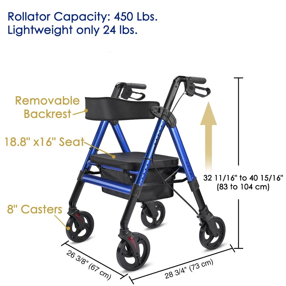 TheLAShop Rollator Aluminum Walker with Seat Back Support 450lbs 8" Casters