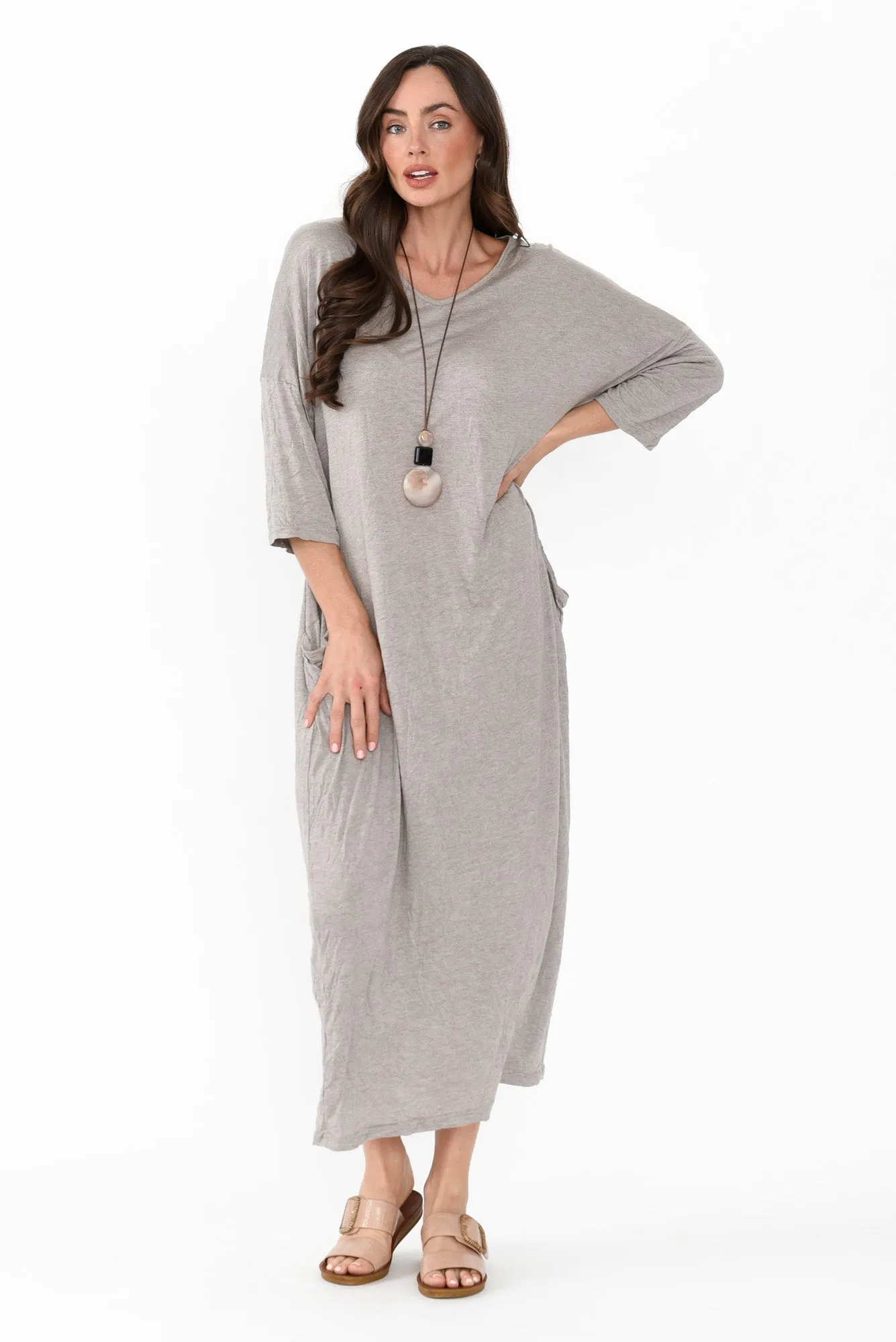 Travel Oat Crinkle Cotton Sleeved Maxi Dress