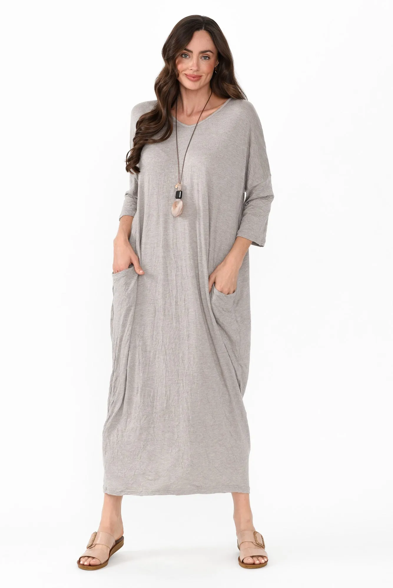 Travel Oat Crinkle Cotton Sleeved Maxi Dress