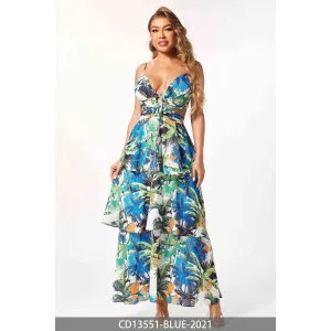 Tropical Palm Print Tiered Maxi Dress