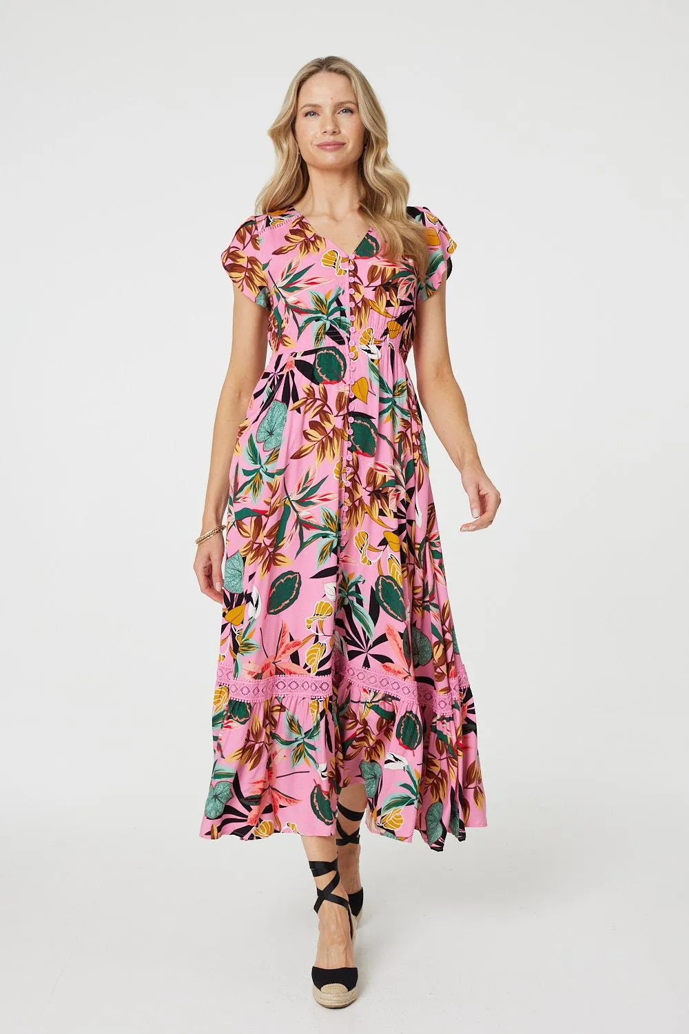 Tropical Print Angel Sleeve Maxi Dress