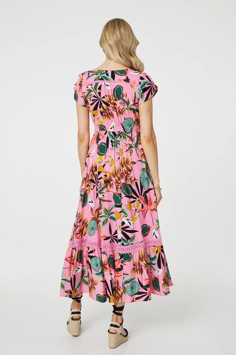 Tropical Print Angel Sleeve Maxi Dress