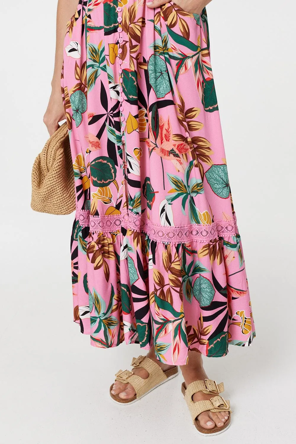 Tropical Print Angel Sleeve Maxi Dress