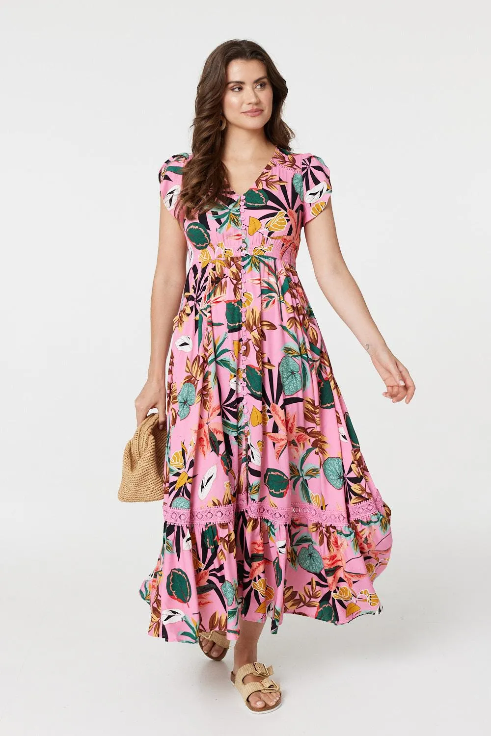 Tropical Print Angel Sleeve Maxi Dress