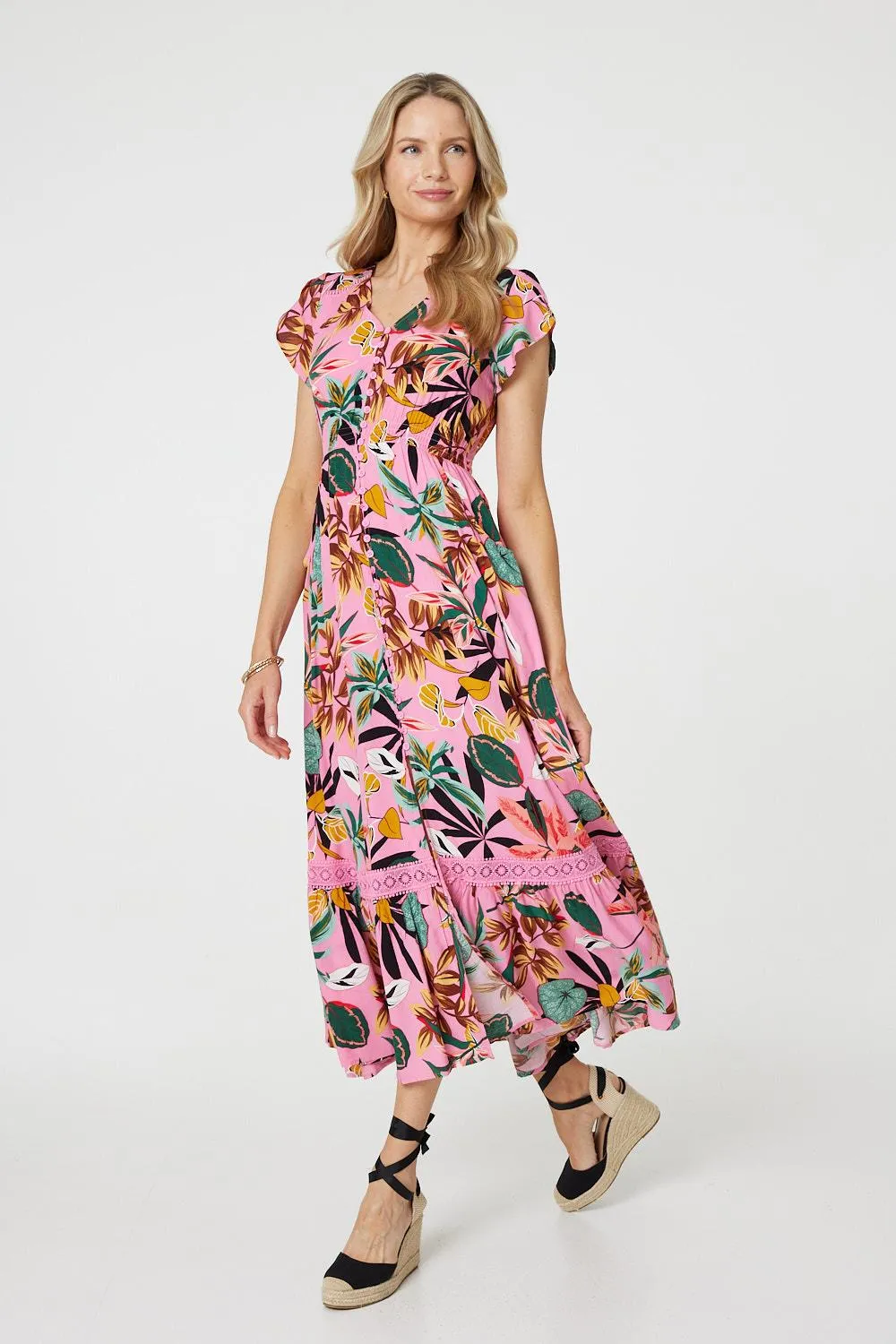 Tropical Print Angel Sleeve Maxi Dress