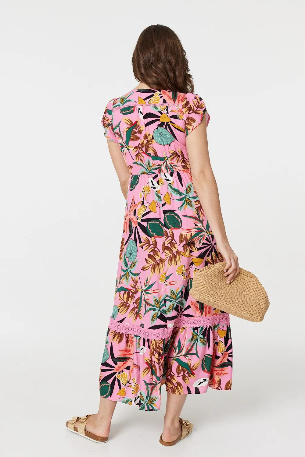 Tropical Print Angel Sleeve Maxi Dress