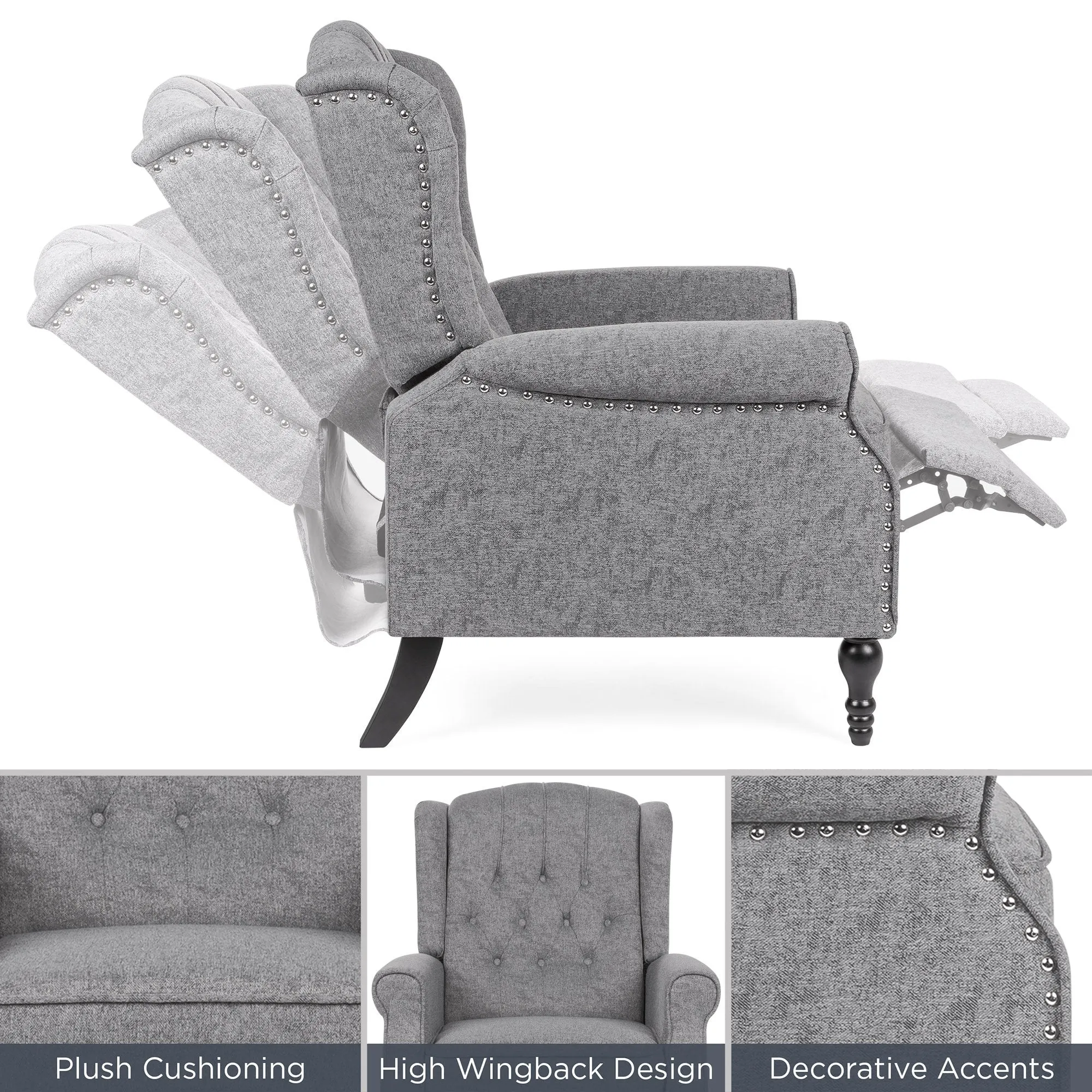 Tufted Upholstered Wingback Push Back Recliner Armchair w/ Nailhead Trim