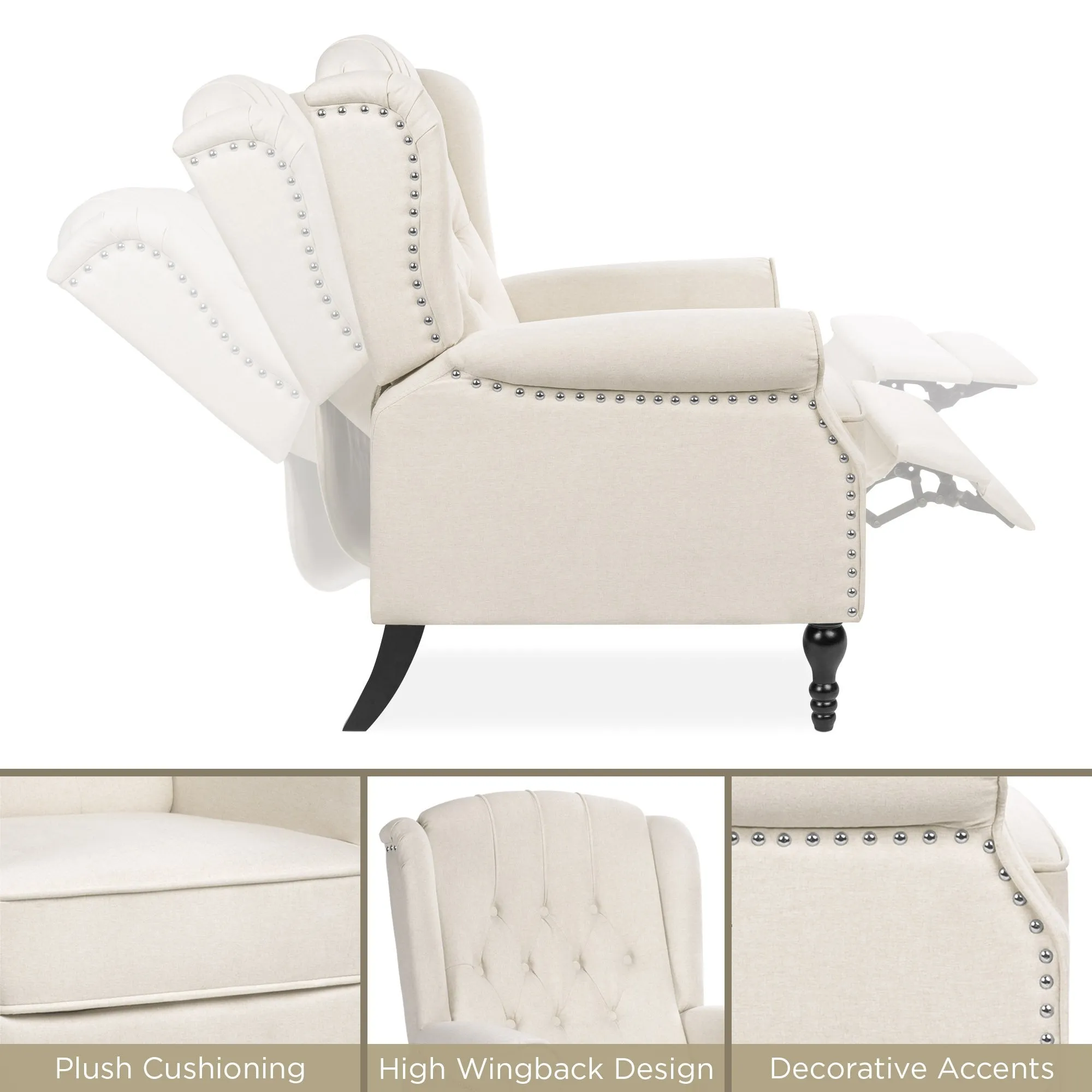 Tufted Upholstered Wingback Push Back Recliner Armchair w/ Nailhead Trim