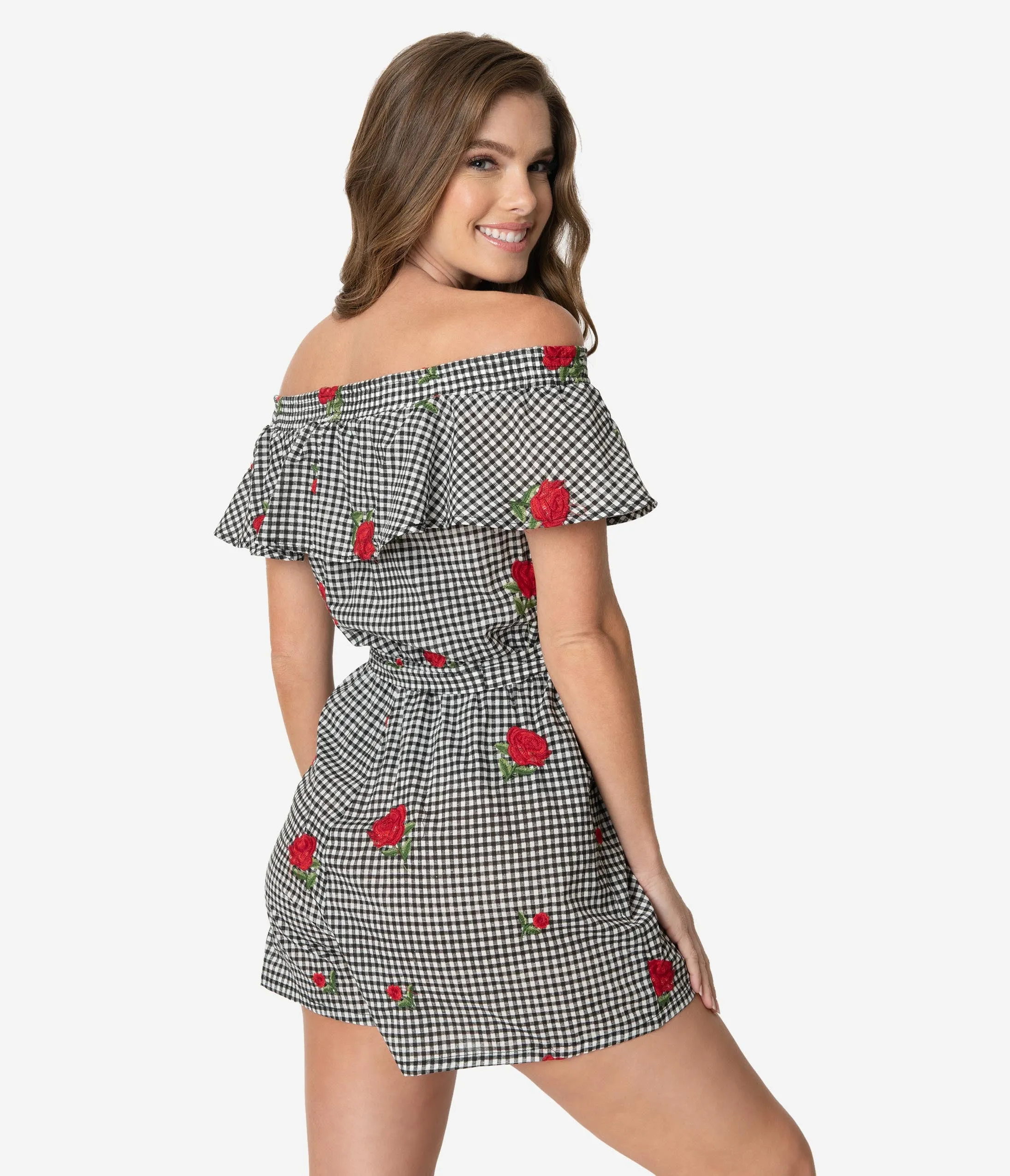 Unique Vintage Black Gingham & Roses Off Shoulder Allie Romper