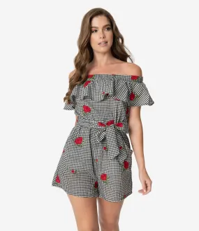 Unique Vintage Black Gingham & Roses Off Shoulder Allie Romper