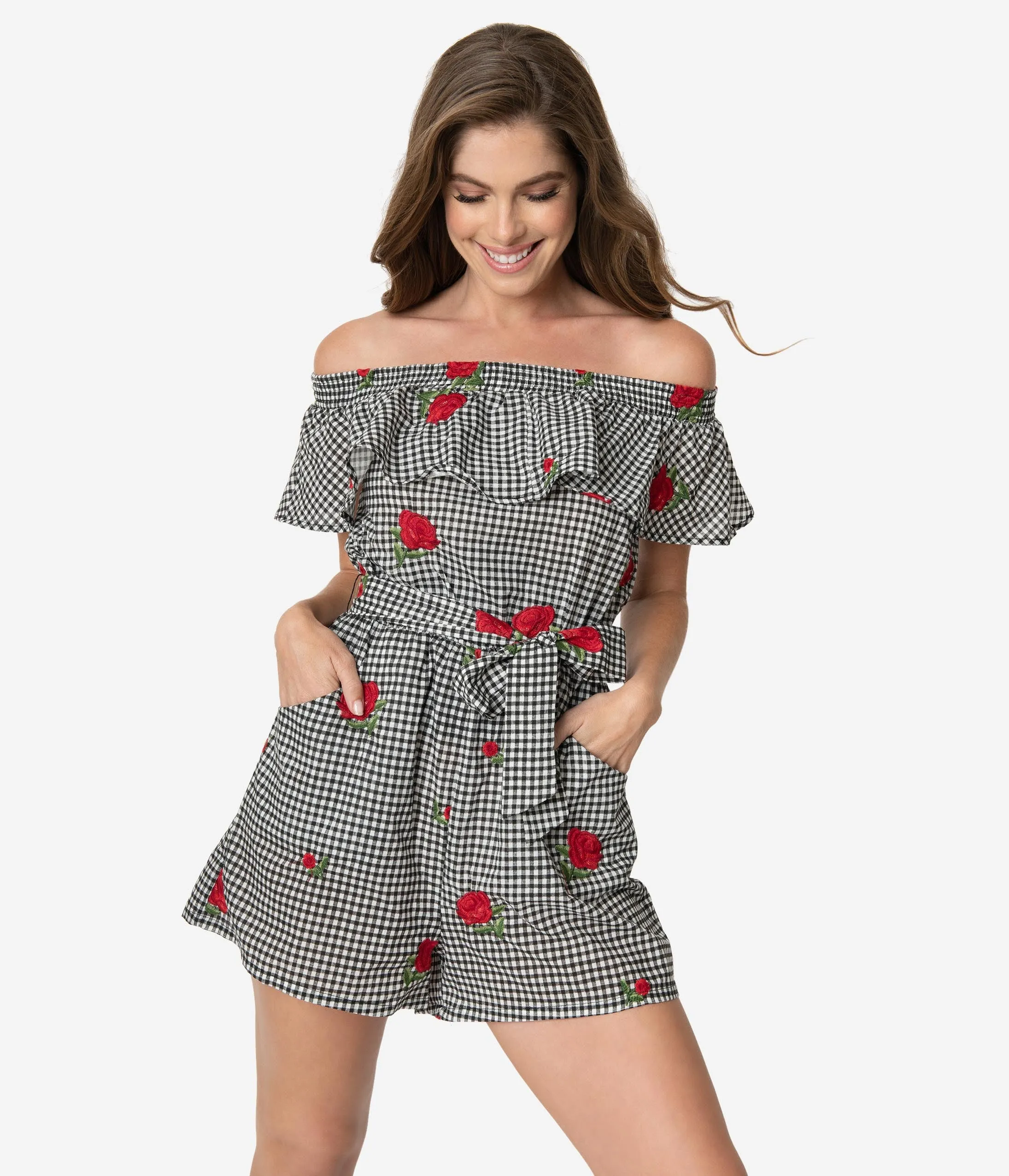 Unique Vintage Black Gingham & Roses Off Shoulder Allie Romper