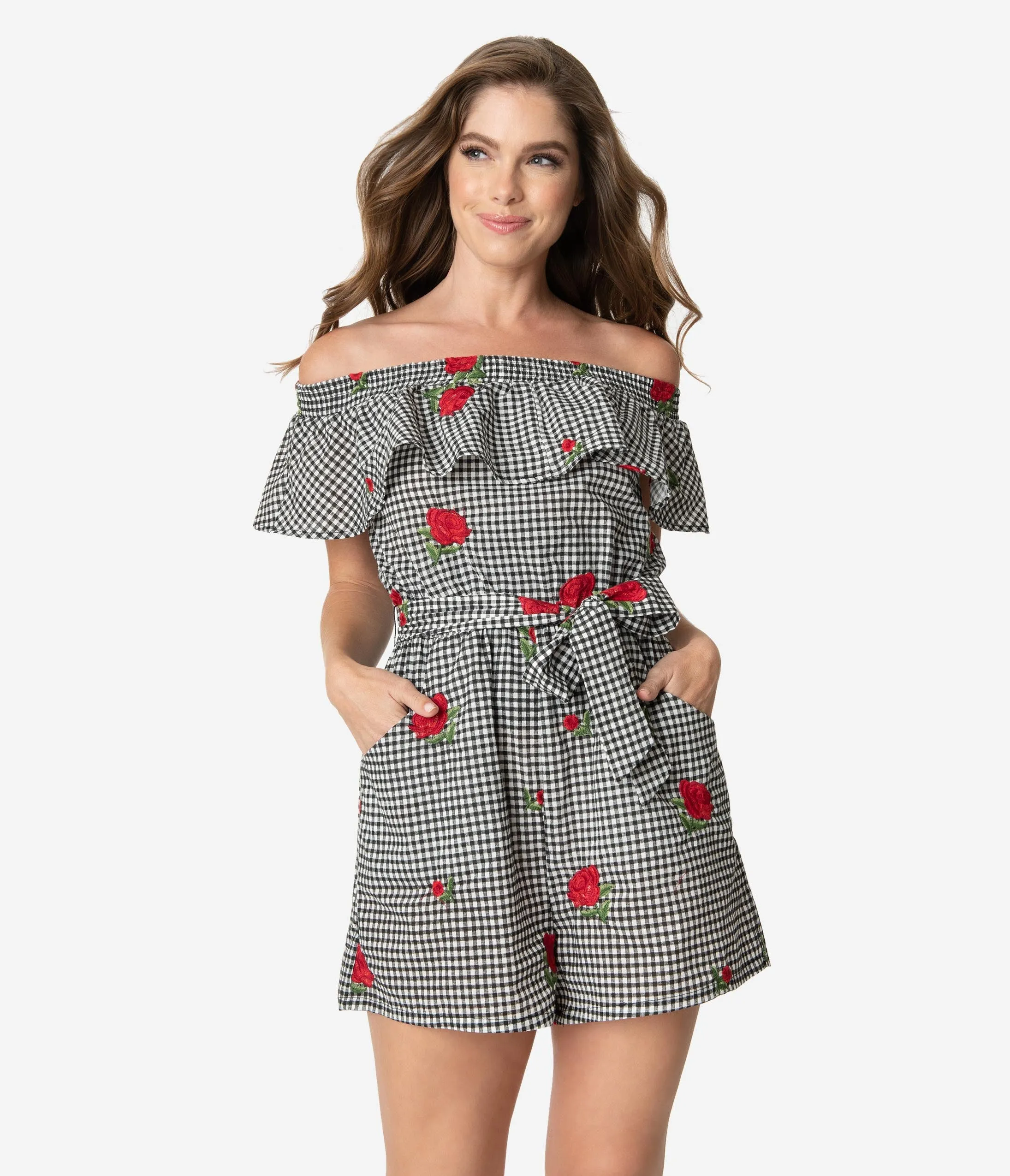 Unique Vintage Black Gingham & Roses Off Shoulder Allie Romper