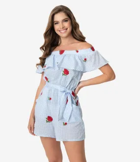 Unique Vintage Blue Gingham & Roses Off Shoulder Allie Romper