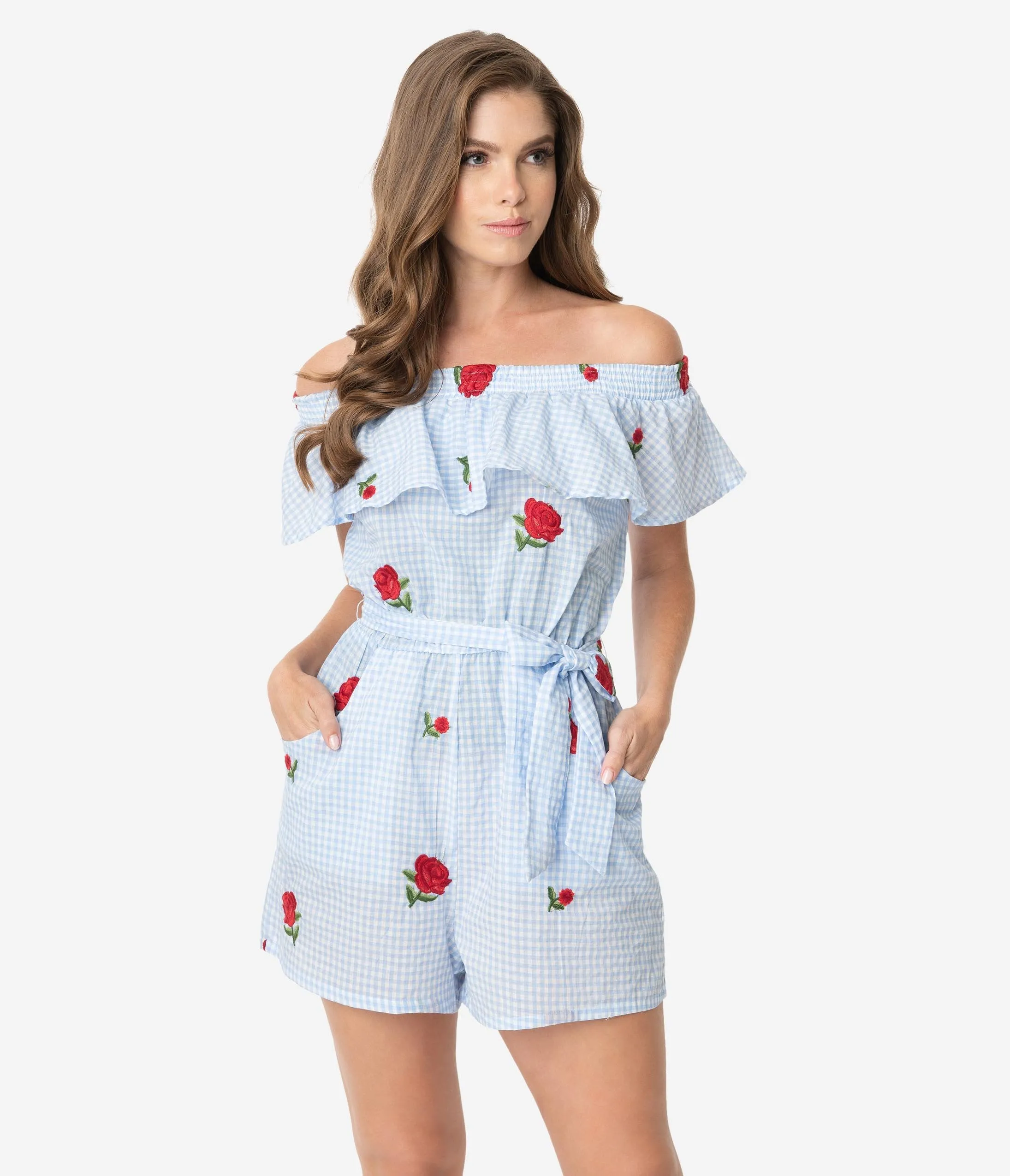 Unique Vintage Blue Gingham & Roses Off Shoulder Allie Romper
