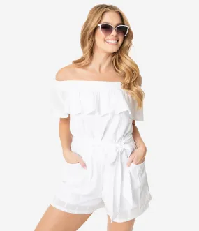 Unique Vintage White Swiss Dotted Off Shoulder Allie Romper