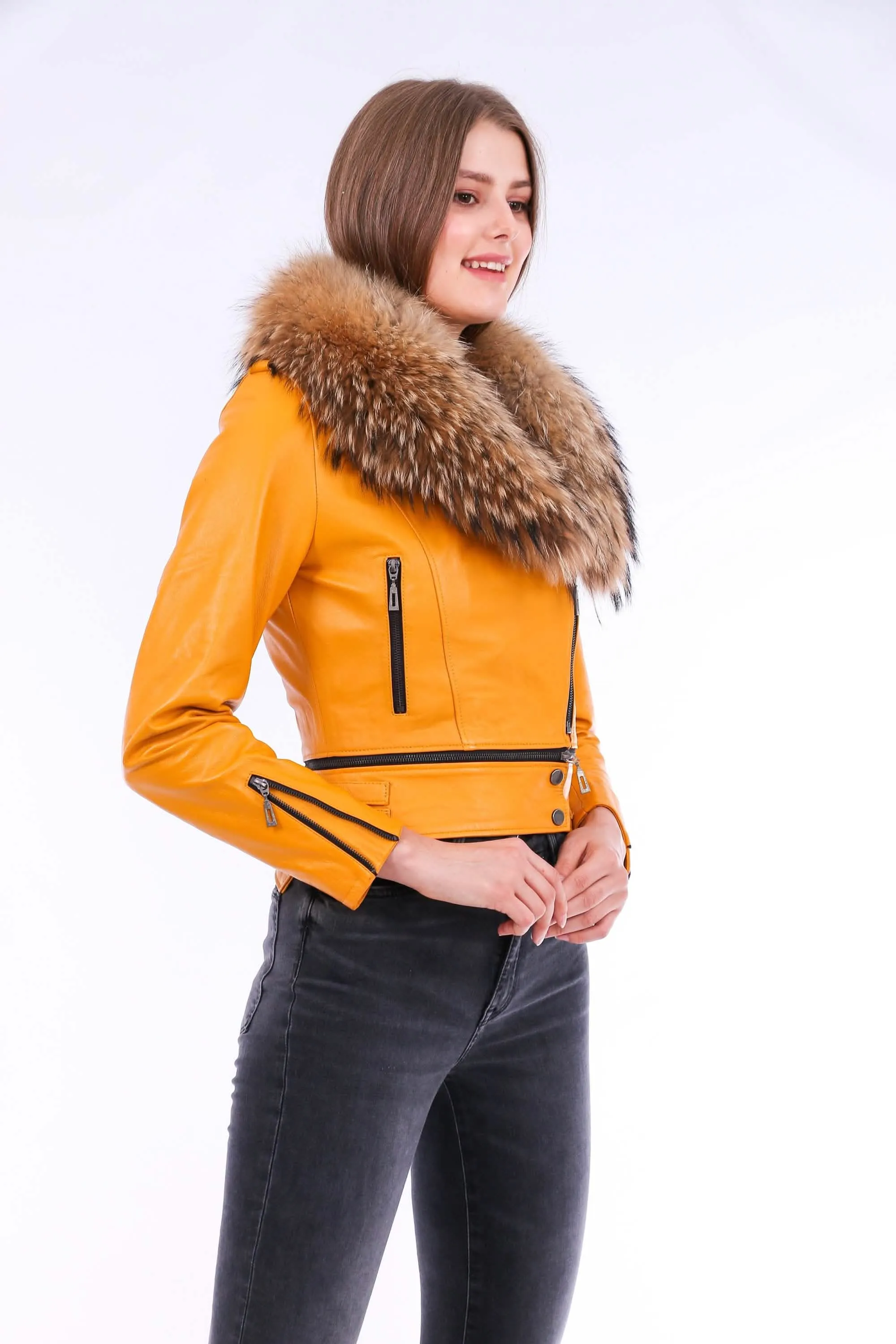 Vibrant Yellow Sheepskin Leather Biker Jacket with Removable Fur Collar