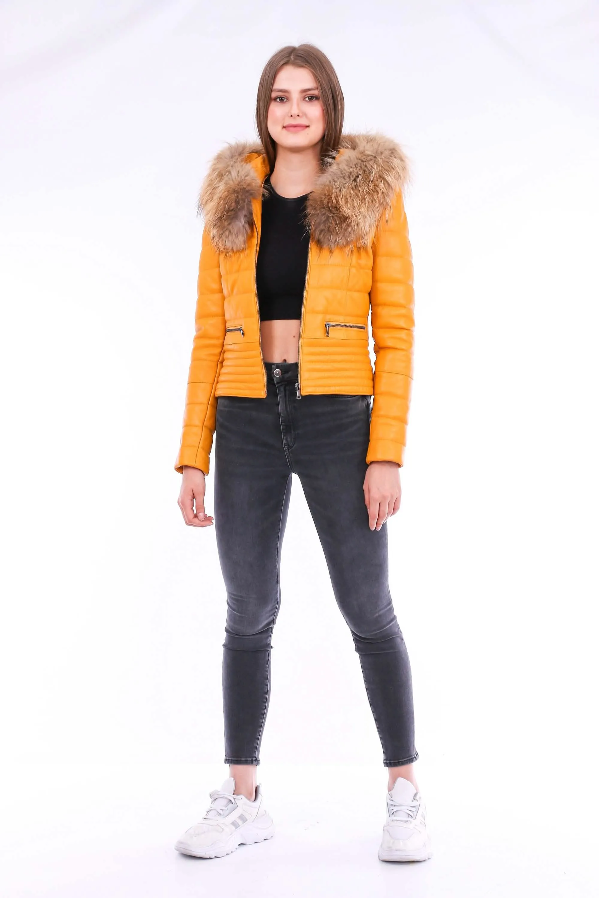 Vibrant Yellow Sheepskin Leather Biker Jacket with Removable Fur Collar