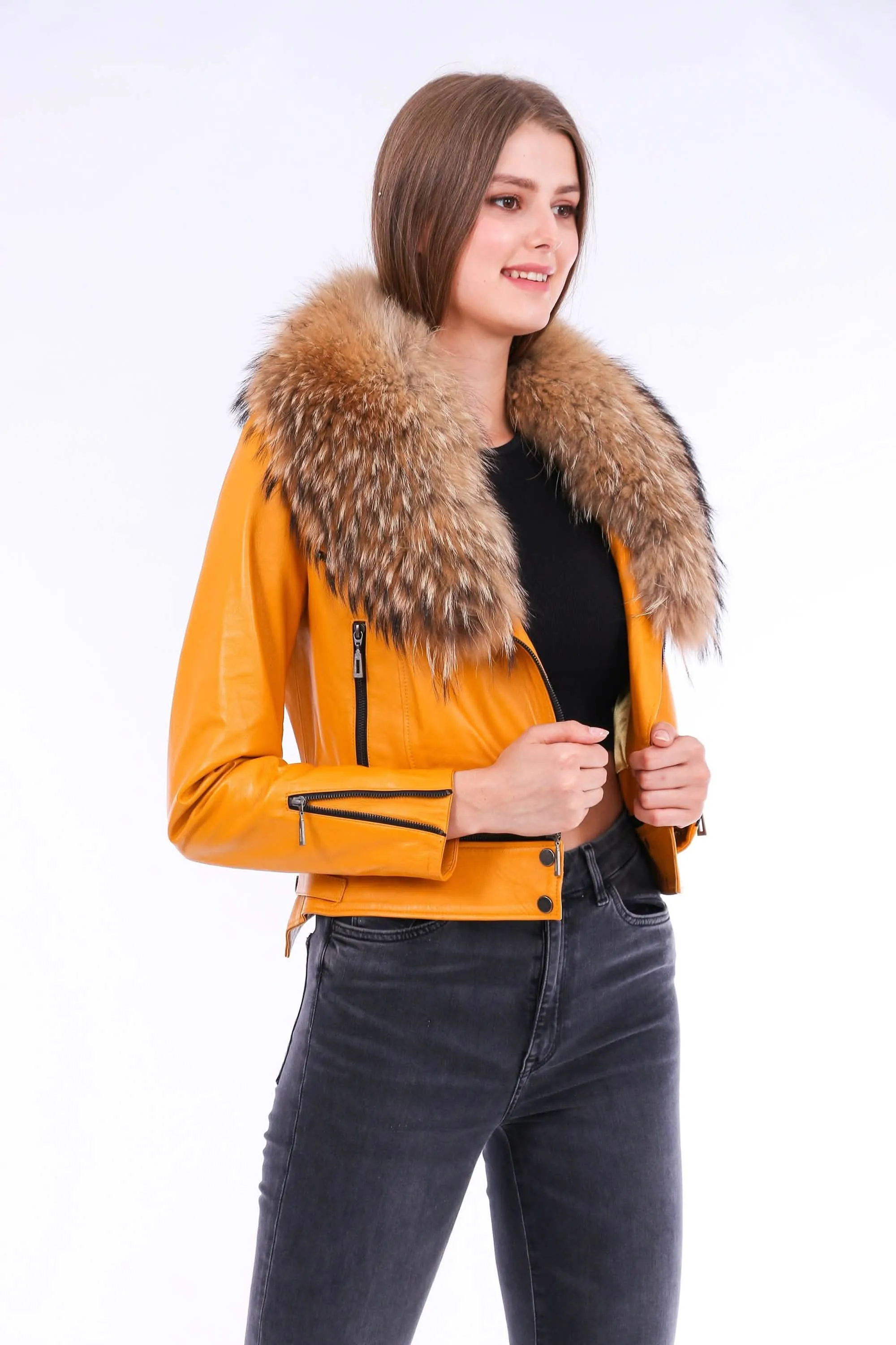 Vibrant Yellow Sheepskin Leather Biker Jacket with Removable Fur Collar