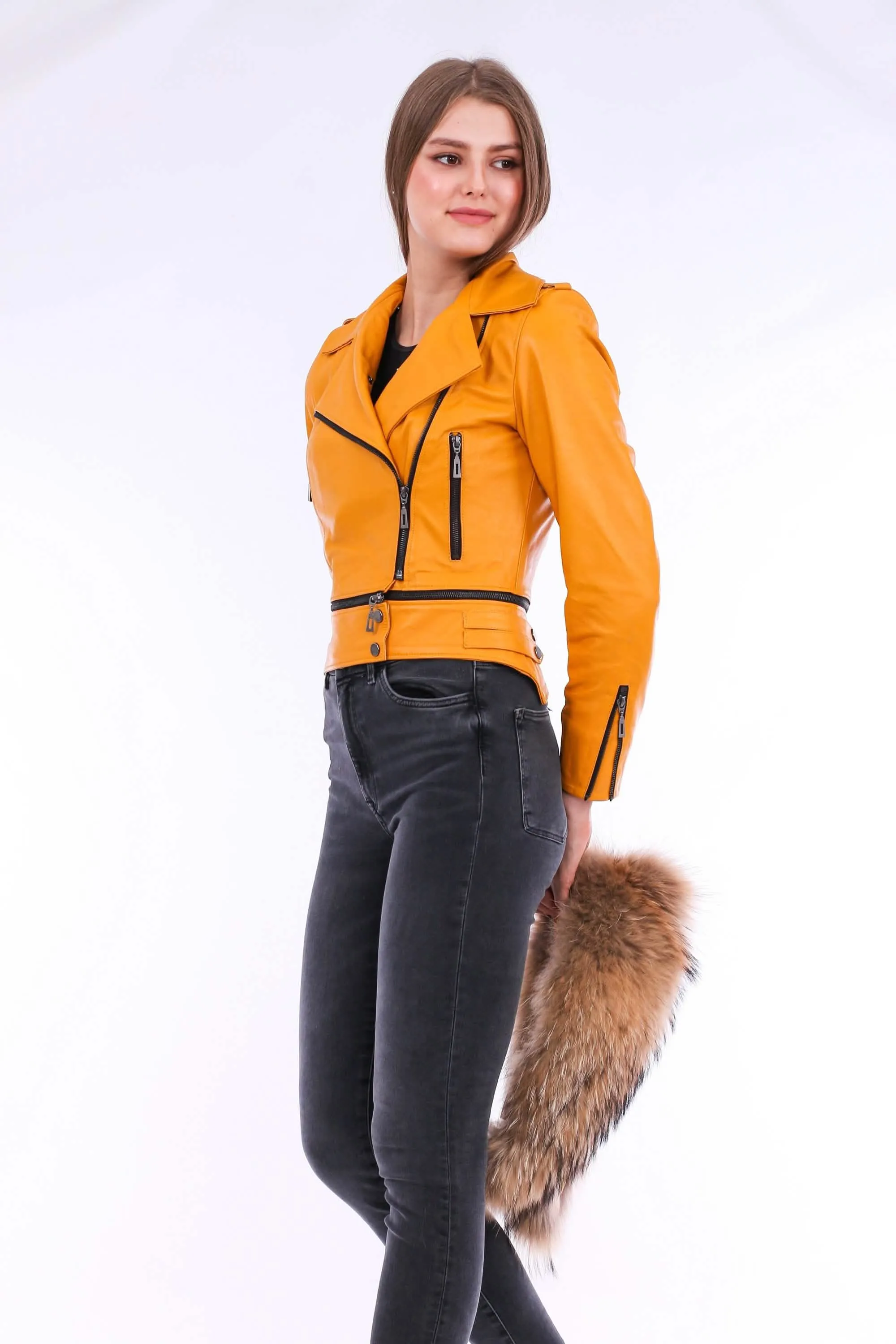 Vibrant Yellow Sheepskin Leather Biker Jacket with Removable Fur Collar