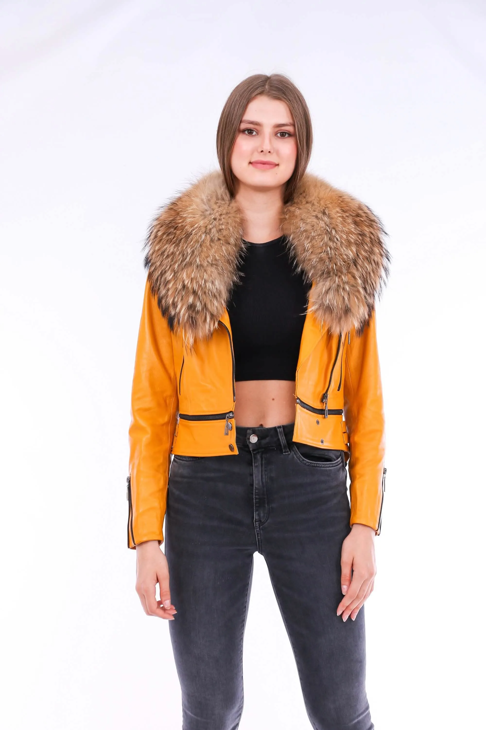 Vibrant Yellow Sheepskin Leather Biker Jacket with Removable Fur Collar