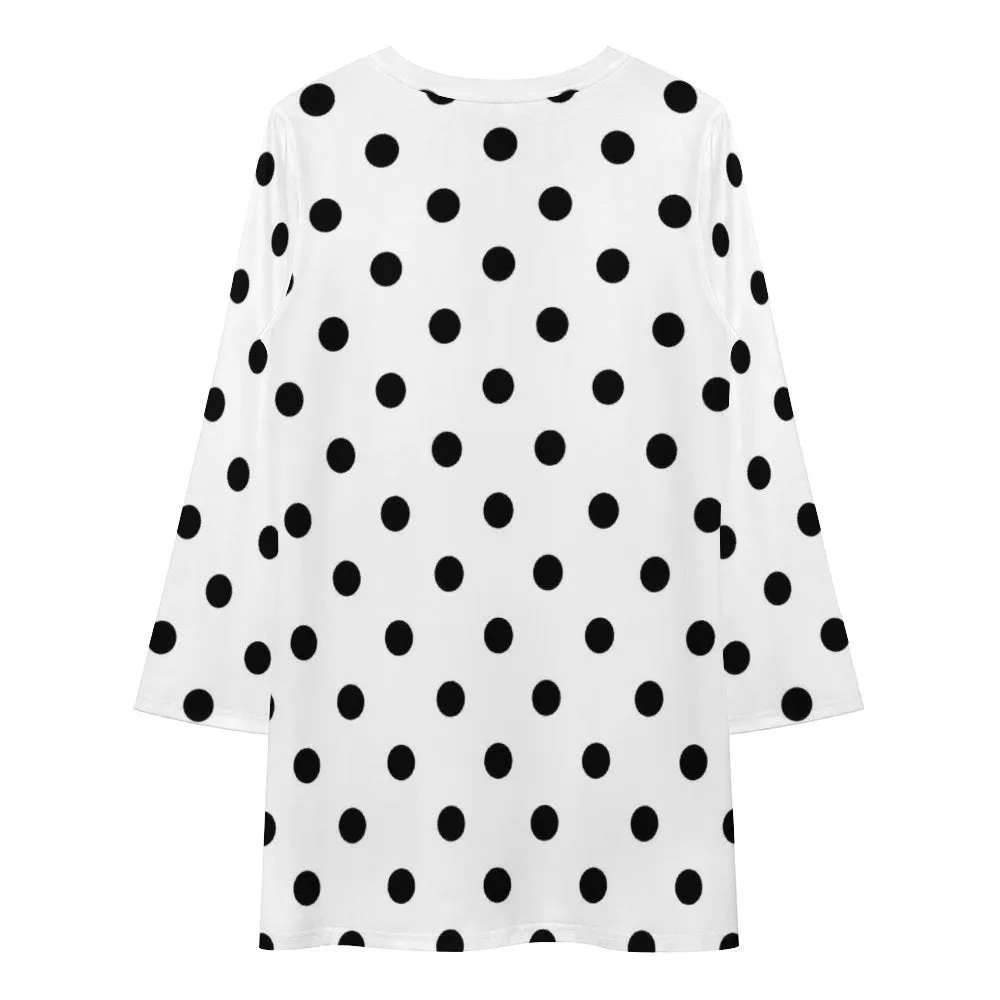 White With Black Polka Dots Long Sleeve Patchwork T-shirt Dress