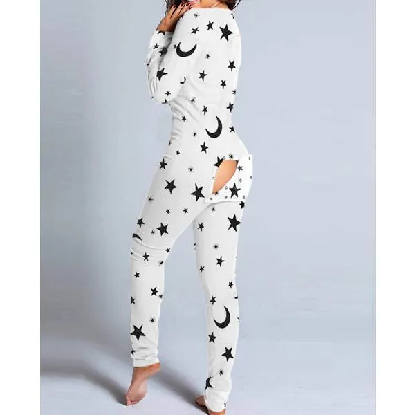 Women Fashion Printed Functional Open Butt Buttoned Romper Casual Long Sleeve Pajamas Jumpsuit Plus Size