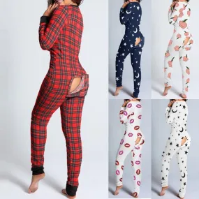 Women Fashion Printed Functional Open Butt Buttoned Romper Casual Long Sleeve Pajamas Jumpsuit Plus Size