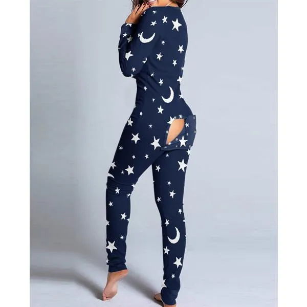 Women Fashion Printed Functional Open Butt Buttoned Romper Casual Long Sleeve Pajamas Jumpsuit Plus Size