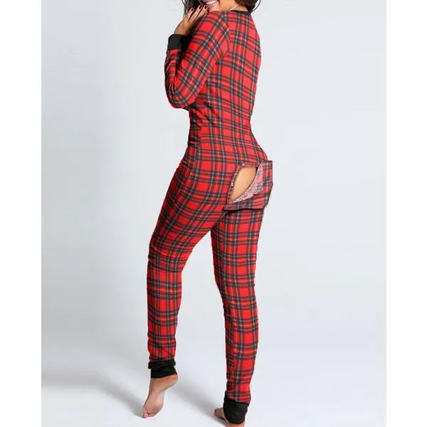 Women Fashion Printed Functional Open Butt Buttoned Romper Casual Long Sleeve Pajamas Jumpsuit Plus Size